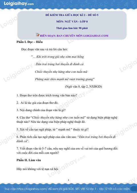 Đề thi giữa kì 2 Văn 8 - Đề số 5